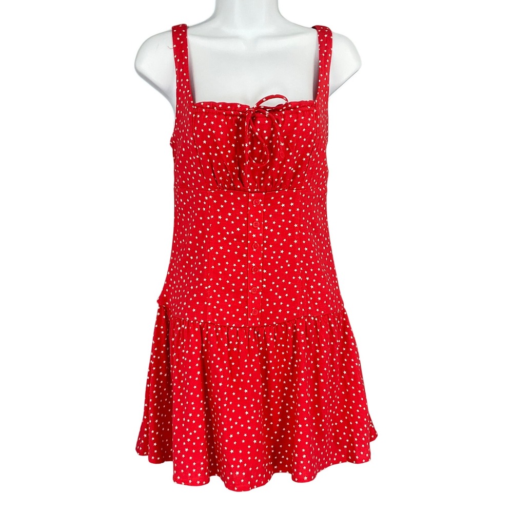 Wild Fable Red Star Print Smocked Square‎ Neck Tie Front Milkmaid Mini Dress XS